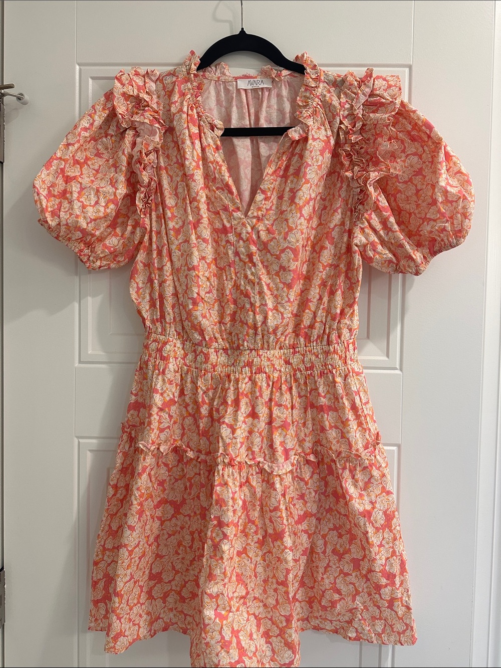Avara Coral Floral Puff-Sleeve Tiered Mini Dress